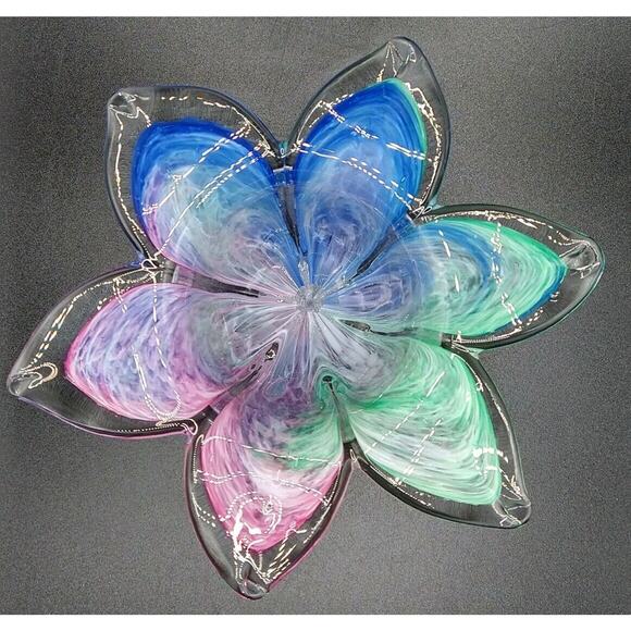 Art Glass Star Flower Votive Dish, Pastel Swirl Colors, Clear Rim – Murano Style - Picture 2 of 10